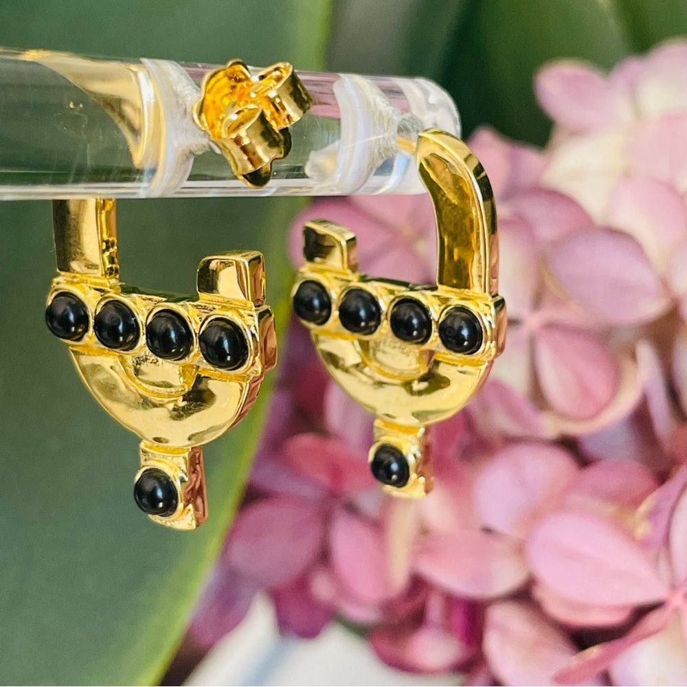 TOUS S925 Gold Overly Silver Bear Mini Hoops Polka Dot Onyx Satin 5-Stone Pin TO